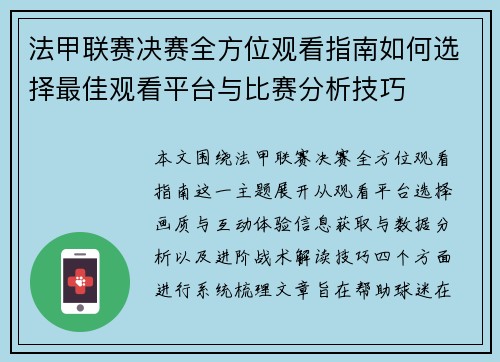 法甲联赛决赛全方位观看指南如何选择最佳观看平台与比赛分析技巧