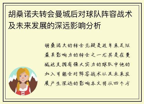 胡桑诺夫转会曼城后对球队阵容战术及未来发展的深远影响分析