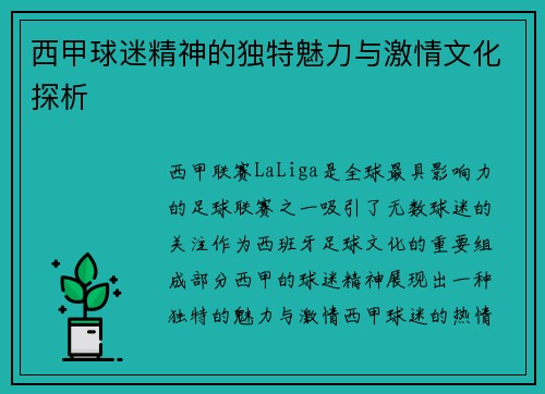 西甲球迷精神的独特魅力与激情文化探析